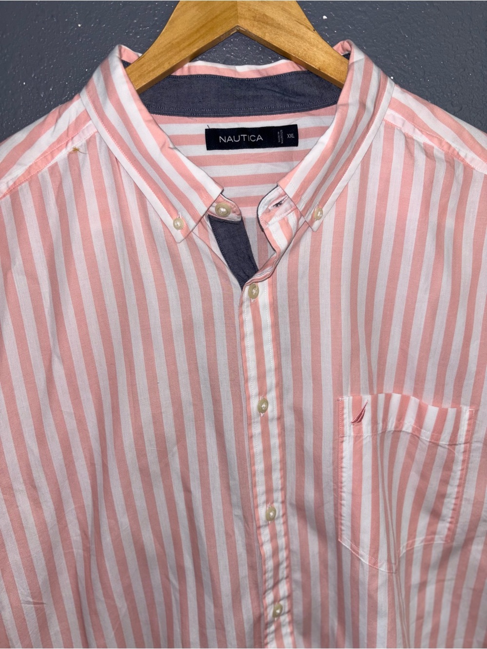 Nautica Men’s Pink and White Striped Button-Down Shirt